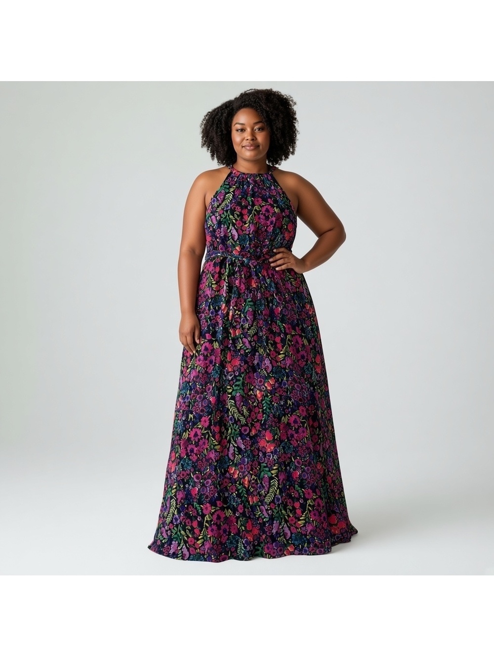 ModCloth Floral Maxi Dress L Black Halter Illuminated Elegance Multicolor Large